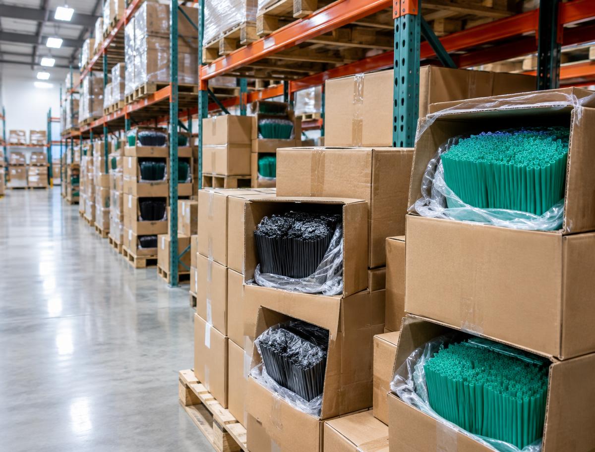 Warehouse pallet racking stacked with cases of bulk-packed drinking straws
