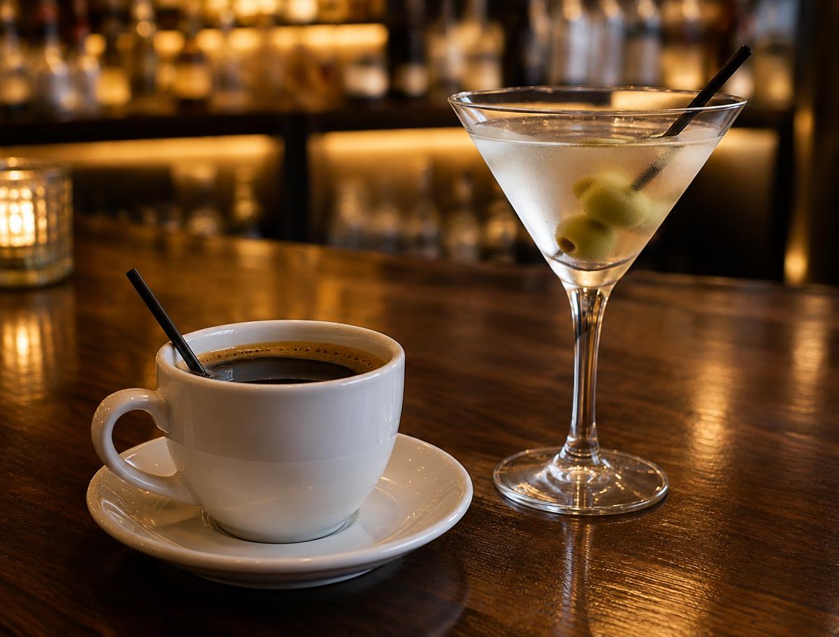 Coffee cup with a stirrer and a martini with a cocktail straw on a bar