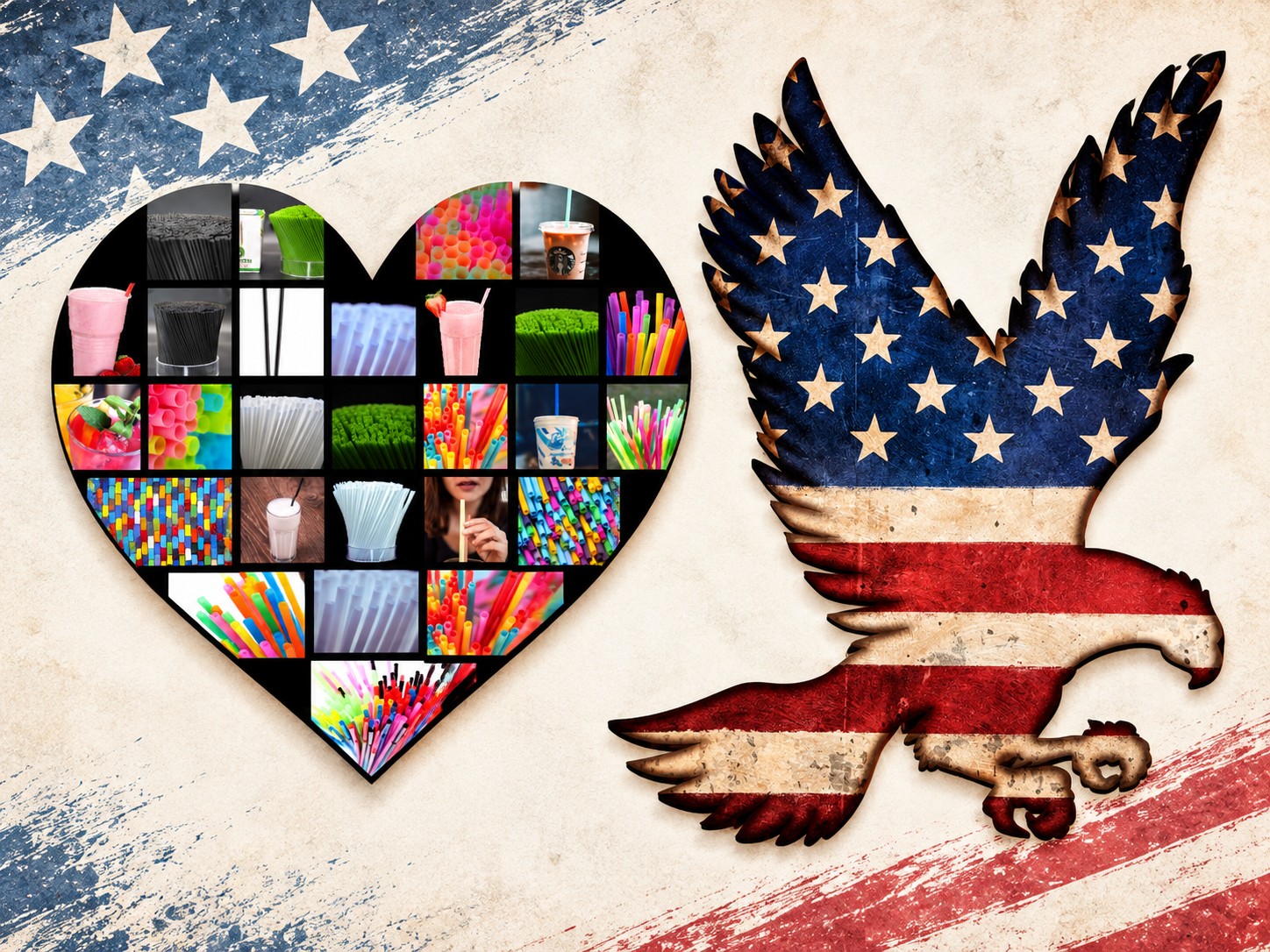 Collage of colorful drinking straws arranged in a heart, beside a flying eagle patterned with the American flag